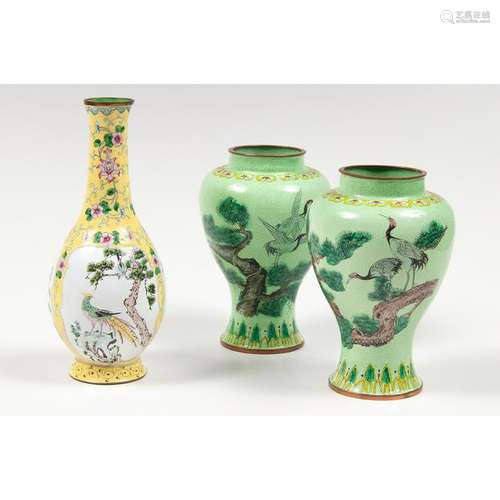 Yellow and Green Canton Enamel Vases