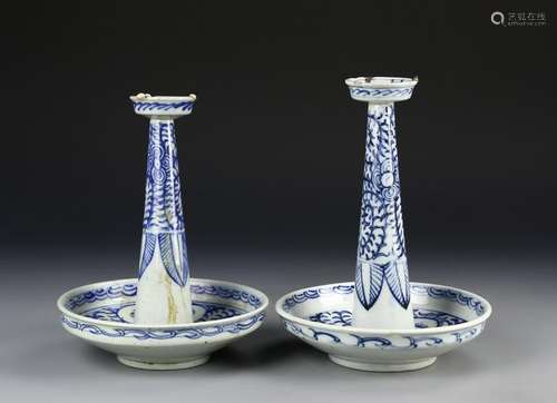 Chinese A Pair Of Blue And White Candle Sticks