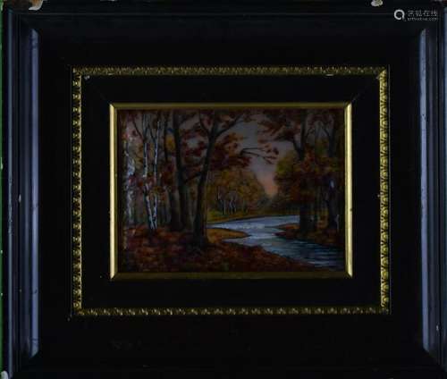 Framed Enameled Landscape On Copper