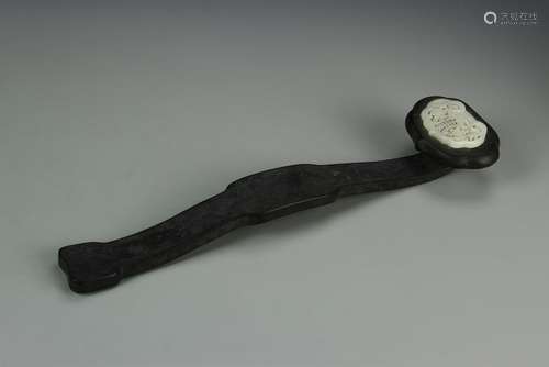 Chinese Hardwood Ruyi Scepter With Jade Inlay