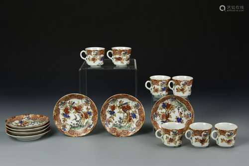 Set of Seven Japanese Kutani Tea Cups and Plates