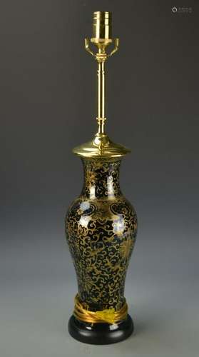 Chinese Gilt Black Vase Lamp