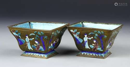 Chinese A Pair Of Enameled Copper Flower Pots