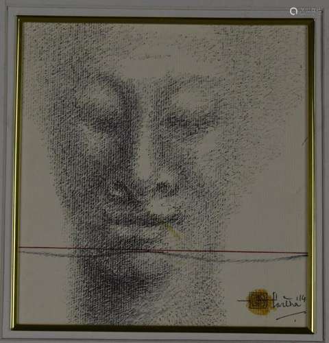 Partha Pen Ink On Paper self Portrait Bhattacharya