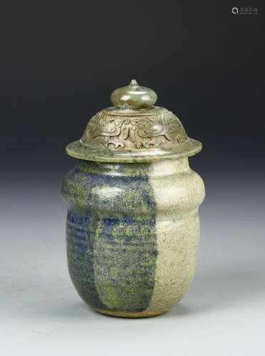 Studio Pottery Jar with Carved Jade Cover