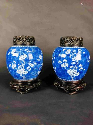 Blue and white Jar with Original rose wood base and lid