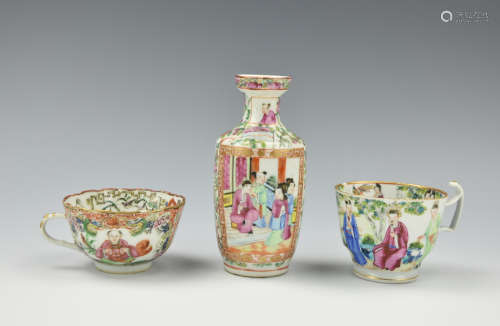 (3) Cantonese Glaze Lot: 2 Cups & Vase,19-20th C.