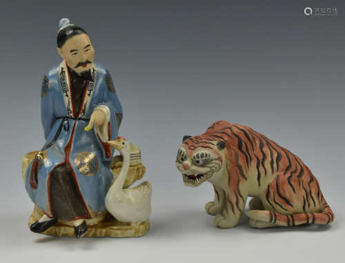 2 Chinese Figurines: Scholar w /Goose&Tiger