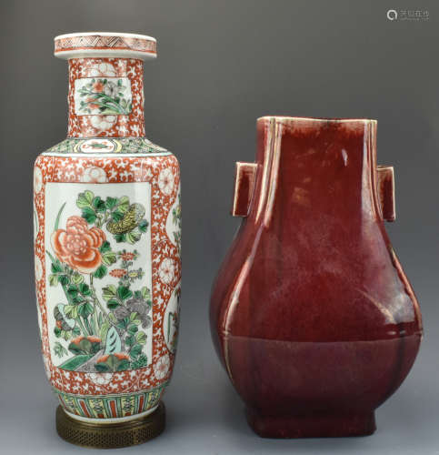 Chinese Red Glazed Vase and Famille Verte Vase