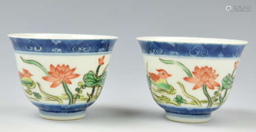 Pair of Famille Verte Cups w/ Qianlong Mark
