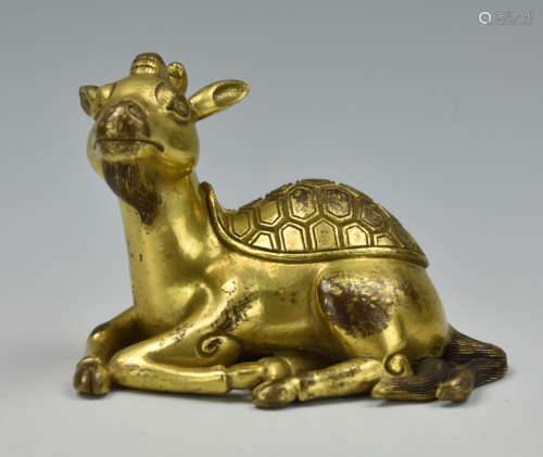Chinese Mythical Gilt Bronze Deer, Qing D.
