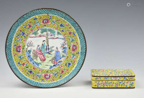 Chinese Canton Enamel Plate and Box,Qing Dynasty