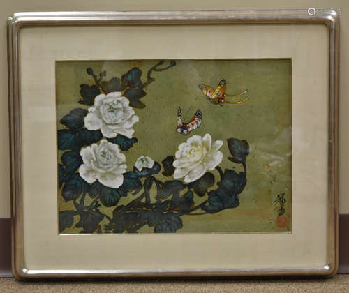 Japanese Framed Butterflies Painting on Cork