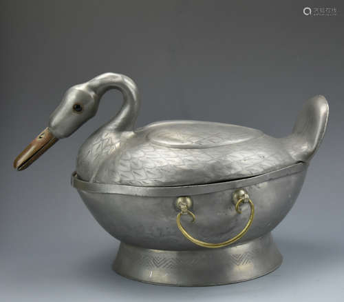 Chinese Antique Pewter Duck Container,Qing D