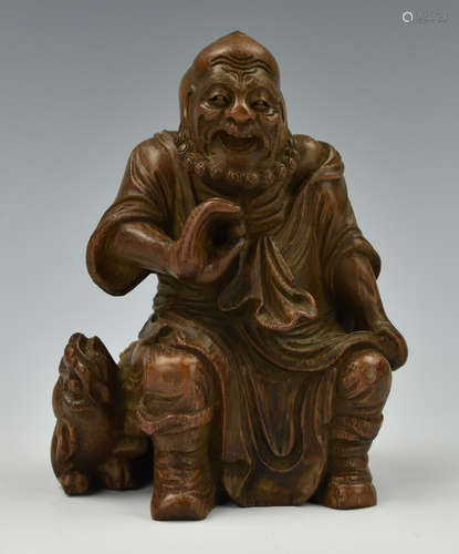 Chinese Bamboo Carved Wooden Figure: Man & Lion