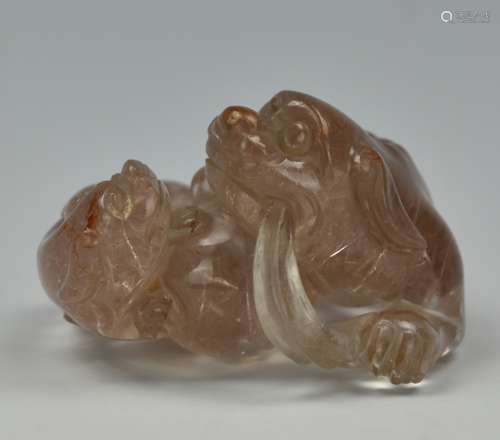 Chinese Pink Crystal Foo Dog w/ Pup ,Qing Dynasty