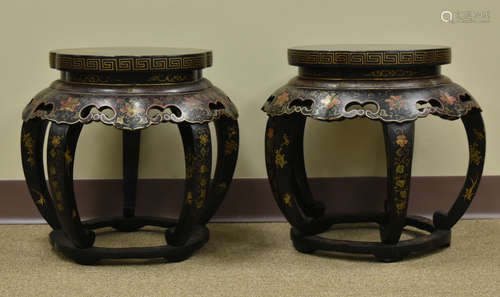 Pair of Japanese, Round, Lacquer Stools,20th C.