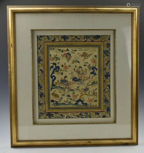 Chinese Framed Silk Embroidery w/ Women Gardening