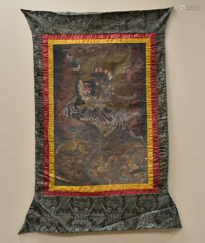 Chinese Tibetan Tangka w/ Guardian Aspect, Qing D.