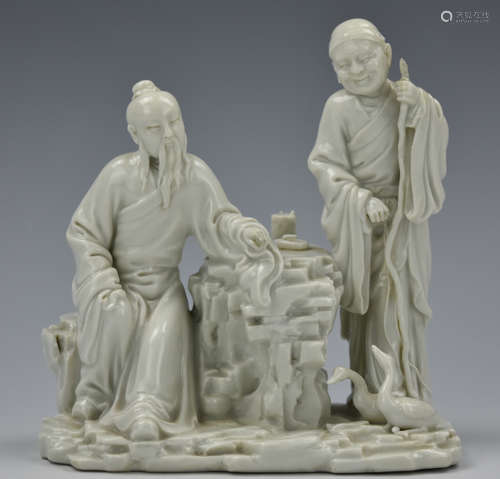 Chinese Dehua Sculpture w/ Scholar, Woman,18th C.