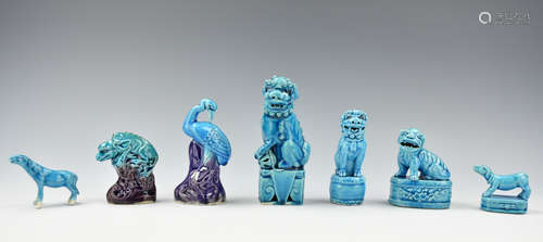 (7) Chinese Peacock Blue Animal Figurines,20th C.