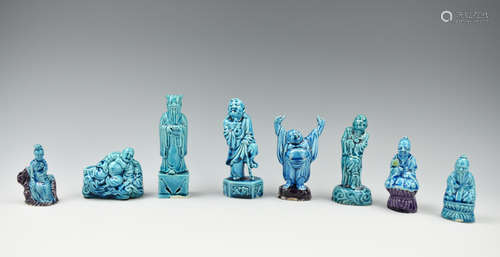 (8) Chinese Peacock Blue Folklore Figures,19th C.