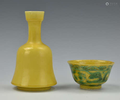 Chinese Yellow Bell-Shaped Vase & Dragon Teacup