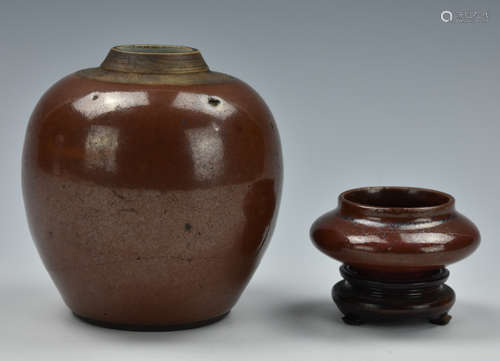 Small Chinese Brown Glazed Water Pot & Jar,19th C.