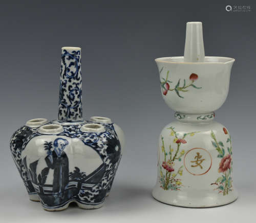 (2) Chinese B & W Vase & Famille Rose Candle Stand