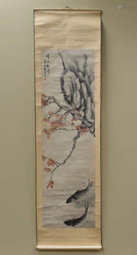 Chinese Ink Painting: Carp Beneath Blossoms