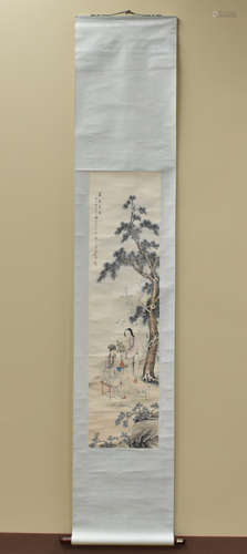 Chinese Scroll Painting w/ Man & Woman Outdoors