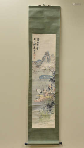 Chinese Scroll Painting: Figures in Canopied Boat