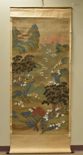 Large Chinese Scroll Painting: Landscape w/ Cranes