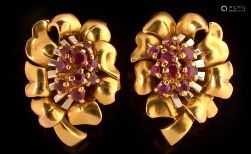 A pair of ruby and gold earrings