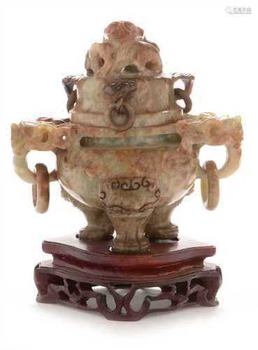 A Chinese green hardstone censer and cover, wood stand