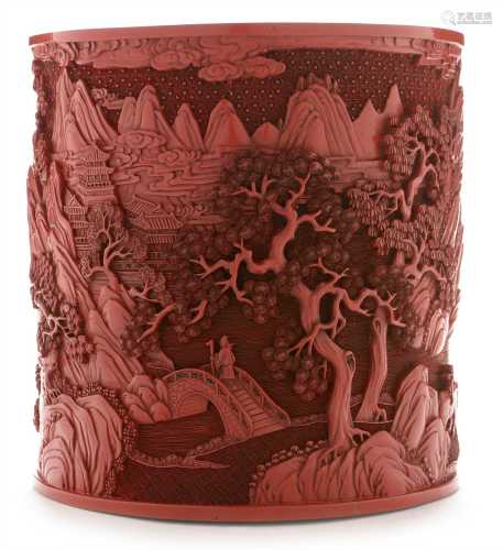 A large Chinese cinnabar lacquer style brush pot
