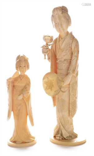 Two Japanese carved ivory Bijin.