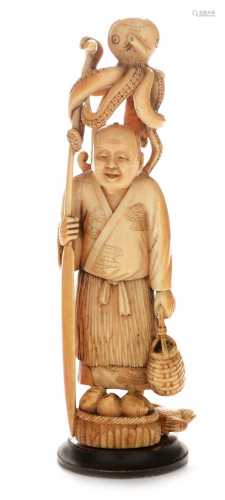 Japanese Meiji ivory carving of a fisherman and octopus