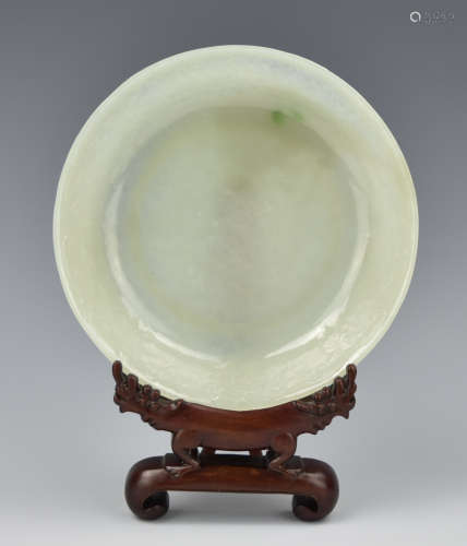 Chinese Jadeite Plate And Wood Stand,Qing D.
