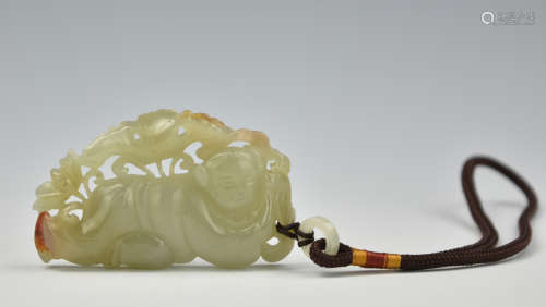 Chinese White Jade Pendant w/ Child,Qing Dynasty