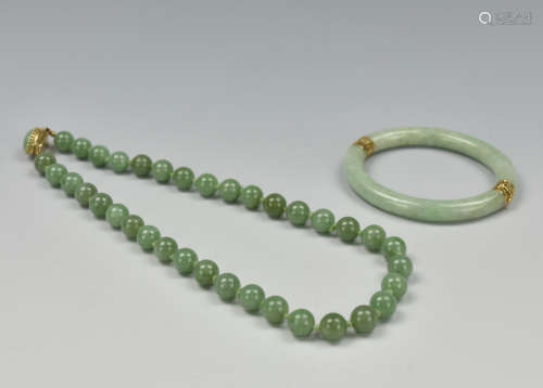 Chinese Jadeite Necklace & Bracelet w/ 14k Gold