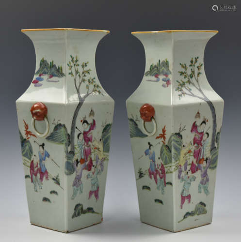 Pair of Chinese Famille Rose Square Vase,19th C.