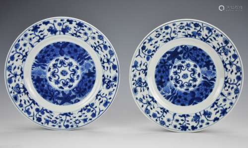 Pair of Blue & White Floral Plates,Kangxi Period