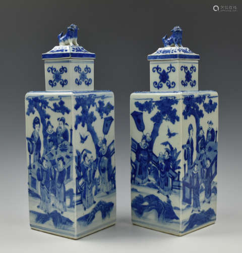 Pair of Chinese Blue & White Square Vase, 19th C.