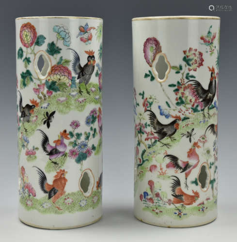Pair of Famille Rose Rooster Hat Stands , 19th C.