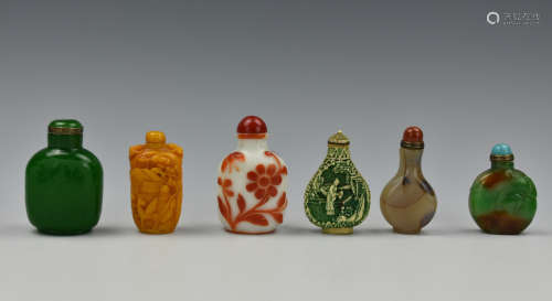 6 Snuff Bottles: Glass, Lacquer, Jadeite,& Beeswax