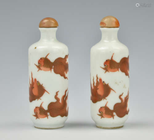 Pair of Iron Red Snuff Bottles w/ Goldfish,18th C.