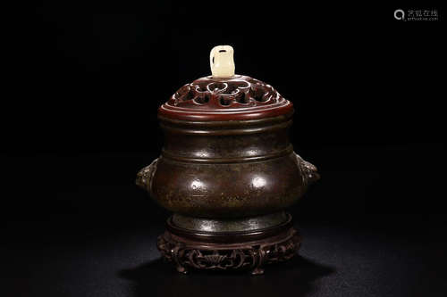 BRONZE CENSER WITH ZITAN WOOD LID AND BASE