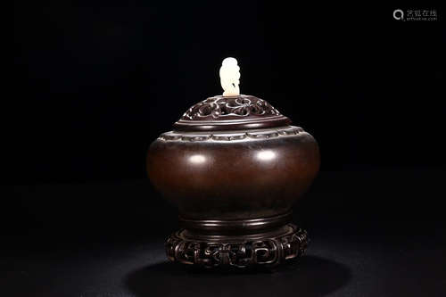 BRONZE CENSER WITH ZITAN WOOD BASE