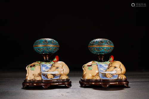 QIANLONG' MARK ENAMELED ELEPHANT INCENSE HOLDER IN PAIR